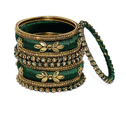 Peora Set Of 10 Green Gold-Plated Designer Silk Thread Bangles image 3