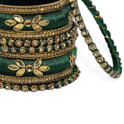 Peora Set Of 10 Green Gold-Plated Designer Silk Thread Bangles image 4
