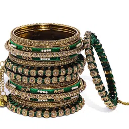 Peora Set of 14 Gold-Plated & Green Velvet Handcrafted Bangles image 5