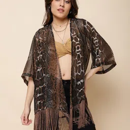 UnaOne Animal Printed Tasselled Georgette Open Front Shrug-11