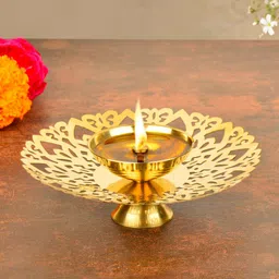 StyleMyWay Gold Toned Textured Brass Cutwork Pooja Diya-image-15