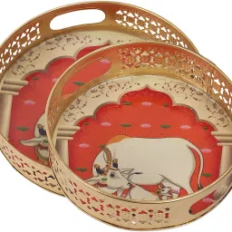 Kamdhenu Cow & Calf in Darbar Design Serving Trays Set (8 Inches & 10 Inches) Tray Serving Set-image-83