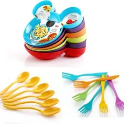 Cute Cartoon Plastic Plate Snack Serving Plate with free spoon and fork Mickey Mouse Shape Plates for Kids, Baby Cartoon Plate Best for Kids Gift (Multi-Color) Set of 3 pics Sectioned Plate 3 Frok Spoon, 3 Normal Spoon Sectioned Plate-picture-21