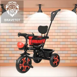 Kids Tricycle with Parental Steering, Rear Basket & Cushioned Seat 1 New Black and Red safety Tricycle-22