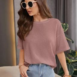 Oversized Women Solid Round Neck Polycotton Brown T-Shirt-image-86