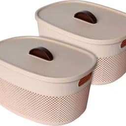 Plastic Multipurpose Storage Baskets with lid|Color-Beige|Pack of 2 Storage Basket-image-92