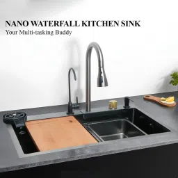 304 Grade With CLASSY BLACK MATT Finish Single Bowl Multifunction Kitchen Sink 24'' x 18'' x 10'' Waterfall Sink Integrated HONEYCOMB DESIGN Vessel Sink-image-35