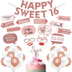 Sweet 16 Birthday Decorations with Photo Booth Backdrop and Pre-assembled Props – 16th Birthday Party Supplies, Rose Gold Sweet 16 Decorations,16 Happy Birthday Banner, Cake Topper, Balloons (PACK OF 43))-image-11