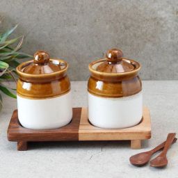 Old Fashioned 100Ml Sheesham Wood 2 Pcs Condiment Set With Spoon & Stand-image-23