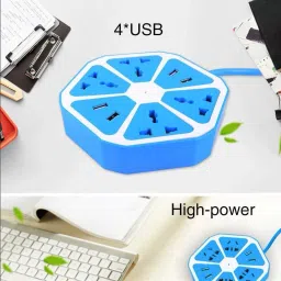 MOBONE 1.3M Hexagon Socket Extension board 4 USB charging point+Power Cube Socket EU Plug 4 Adapter with 1.3m Cable Multi Switch Socket Data Card image 2