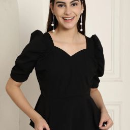 Casual Puff Sleeves Solid Women Black Top-image-69