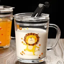 Pack of 1 Glass Cartoon Printed Milk Glass Sipper with Silicone Straw and Lid Glass Coffee Mug-image-88