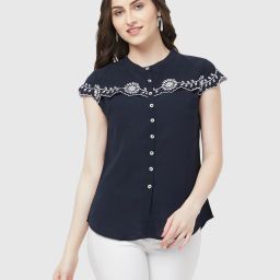 Casual Cap Sleeves Embroidered Women Blue Top-image-95