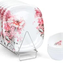 Beautiful Flower Printed Melamine Full Size (11 Inches) Square Dinner Plate & Veg. Bowl (Set of 6 Both) Quarter Plate-14