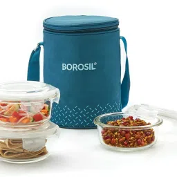 Teal Lunch Box with Bag, 3 Pc (400 ml x 3 Round), Glass Office Tiifin 3 Containers Lunch Box-28