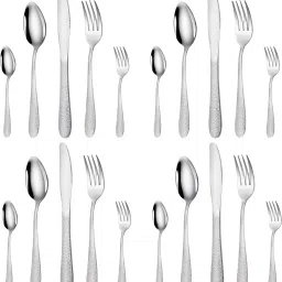 Hammered Sterling Silver Silverware Set | 20-Piece Premium Elegant Flatware Set Stainless Steel Cutlery Set-image-86