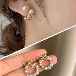 Combo of 2 korean earrings bow design crystal stud & Double sided earrings set Alloy Drops & Danglers, Hoop Earring, Jhumki Earring, Earring Set-image-6