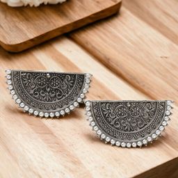 Sangria Silver-Toned Beads Beaded Crescent Shaped Oxidised Studs Earrings-18