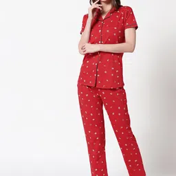 Zeyo Women Red & White Printed Pure Cotton Night Suit-picture-48