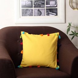 Lushomes Yellow Solid Square Cushion Cover with Colorful Tassels 12 x 12"-13