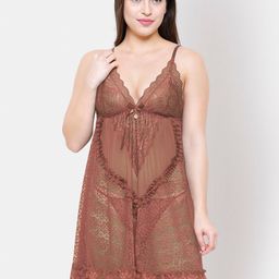 FashionRack Women Coffee Brown Self Design Lace Baby Doll-image-13