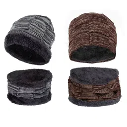 FabSeasons Unisex Set Of 2 Grey & Brown Acrylic Beanie & Neck Warmer-28