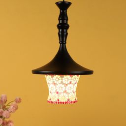 MFD HOME FURNISHING Black & White Textured Aluminium Traditional Hanging Lamp-11