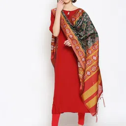 Dupatta Bazaar Green & Red Ethnic Motifs Woven Design Dupatta image 1