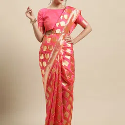 Saree mall Peach-Coloured & Gold-Toned Woven Design Zari Silk Blend Banarasi Sarees-image-92
