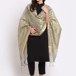 LOOM LEGACY Grey & Gold-Toned Woven Design Dupatta with Zari-43