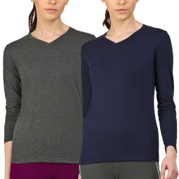 Pack of 2 Women Solid V Neck Cotton Blend Dark Blue, Grey T-Shirt-image-78