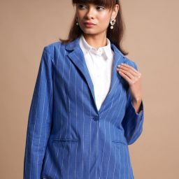 Women Striped Single Breasted Casual Blazer-image-51