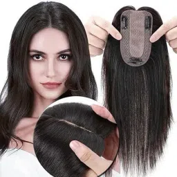 Synthetic Toppers Silk Base 3 Clip In Crown Topper Top Black Extension Hair Extension-image-45