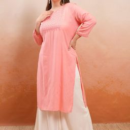 Vishudh Plus Size Peach Floral Yoke Design Thread Work Straight Kurta-image-68