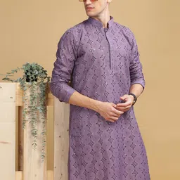 Anouk Purple Ethnic Embroidered Mandarin Collar Sequinned Lucknowi Cotton Straight Kurta-image-77