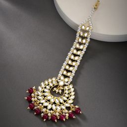 Peora Gold-Plated Maroon & White Kundan Studded Chandbali Design Maang Tikka-18