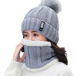 Cap Letter B Winter Hat and Scarf Set for Women Faux Fur Bobble Pom Pom Cap Pack of 1 Free Size-Gray Beanie-59