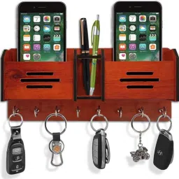 Wooden 2 Pocket Pen Stand 8 Hook Brown Wood Key Holder Wood Key Holder-image-38