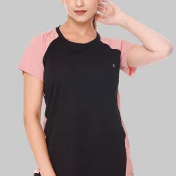 Women Colorblock Round Neck Polyester Black T-Shirt-image-77
