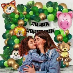 Solid Jungle Safari Green Theme Happy Birthday Banner with Animals Face Foil Mettalic Balloon-10