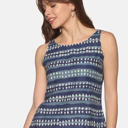 Saffron Threads Blue Geometric Print Indigo Pure Cotton Top-36