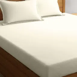 pizuna Ivory Solid TC 400 Cotton Single Size Fitted Bedsheet With 1 Pillow cover-picture-3