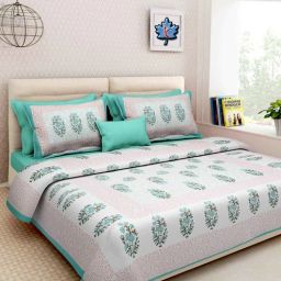 uniqchoice Turquoise Floral 120 TC Cotton Queen Sized Bedsheet with 2 Pillow Cover-picture-2