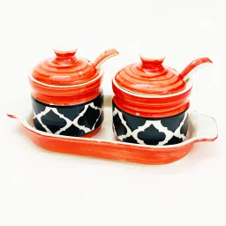 Ceramic Jar set 2 Jar with Lid 2 Spoon 1 Tray multipurpose Red Black Design Container Serving Set-picture-11