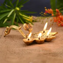 Peacock Panchmukhi Aarti Diya with Handle | Five Face Camphor Burner Oil Lamp Gold Plated Table Diya-image-52