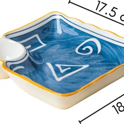 nestasia White And Blue Spiral Nitori Ceramic Set of 2 Square Plate with Dip Section, Chip & Dip Tray image 3
