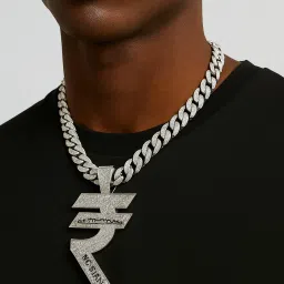 Mc Stan RUPEES Symbol Link Chain for Men Miami Necklace Iced Out Chain Silver Cubic Zirconia Alloy, Zinc Locket Set-image-9