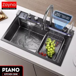Smart 30X18 Piano Kitchen Sink With Integrated 5 Button Digital Panel & Double Waterfall With Temperture Display & Ambient Light & All Accessories (304 Grade) Vessel Sink-image-58