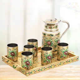 Navrang Meenakari Flower Lemon Set steel Glass Jug Tray Set Golden Jug Glass Tray Set-image-25