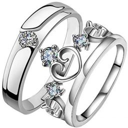 Couples Crown King Queen American diamond Valentine Gifts Adjustable Love Stylish Combo Couple Heart lover combo finger rings for Couples girls women girlfriend boyfriend Sterling Silver Cubic Zirconia, Diamond Silver Plated Ring Set-image-5